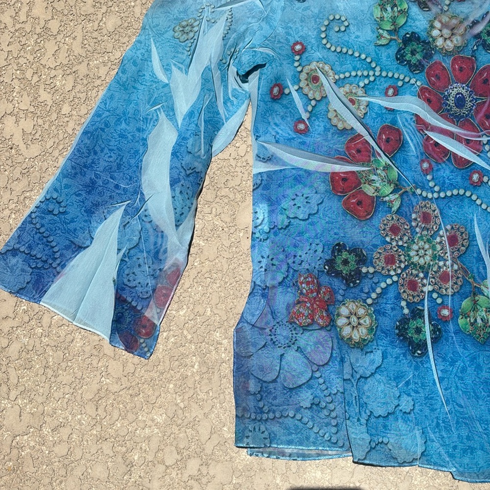 Design Works Top Beaded Sequins Fairy V-neck Blue Sheer Silky Size Medium - Picture 9 of 11
